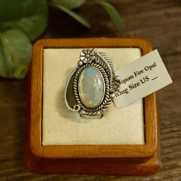 Stunning Ethiopian Fire Opal Ring Southwestern Sterling Silver Floral Framed New - Picture 1 of 7